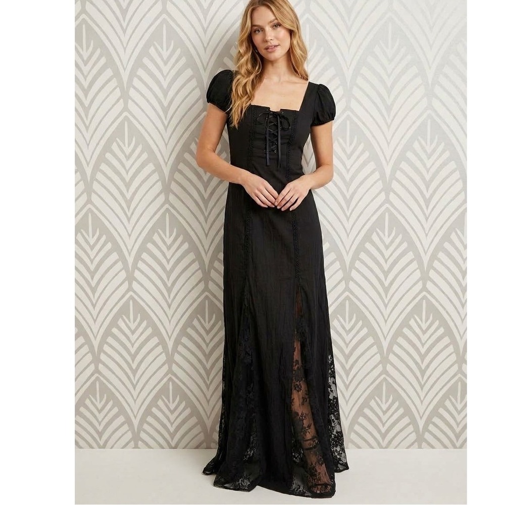 Daisy Street Black Corset Maxi Dress S Puff Sleeve Lace Up Goth Y2K